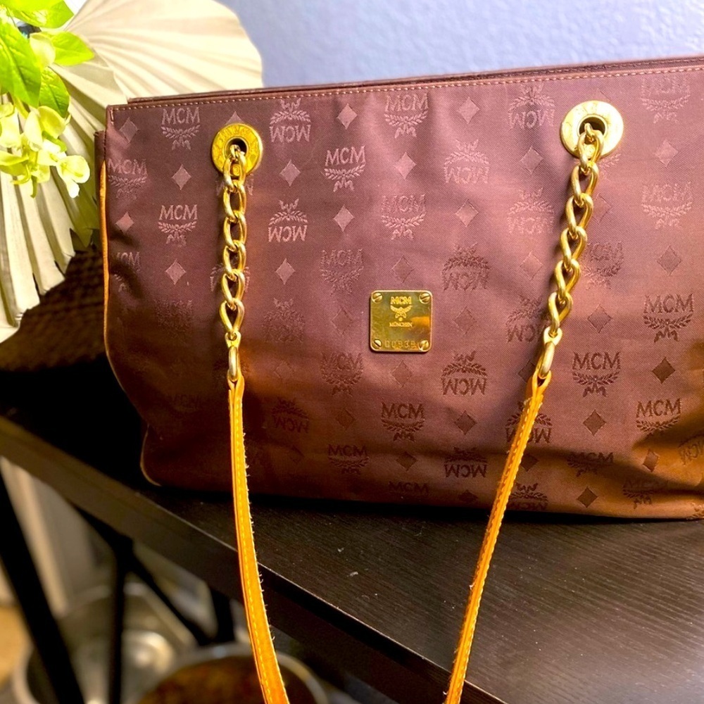 Mcm Visetos Nylon Leather Logo Shoulder Tote Bag Brown Large Chain Straps